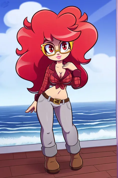 A tall woman, big, sexy, cool, waves, tenderness, cute, strength, big chest, bright red hair, long wavy, her light red eye, medium eyelash, black, pink lip, she wears a red button top, tied knot, shows navel and her light gray pants, wearing a big belt, th...