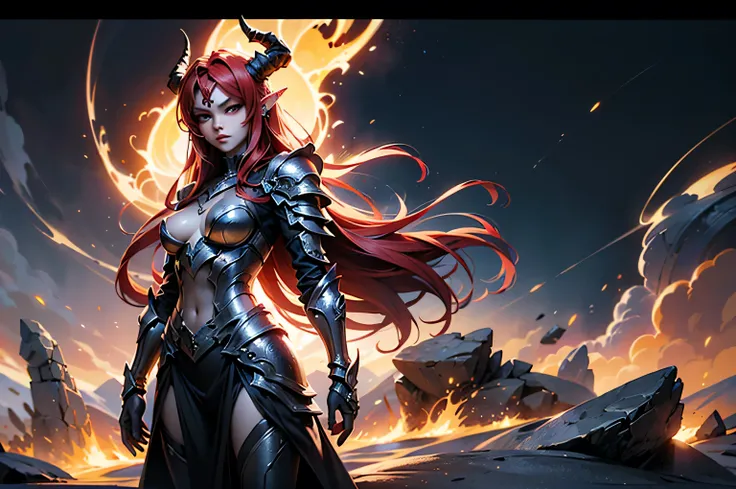 Burning landscape with running lava there standing beatiful female hell knight, she have pale skin long red hair pair of long flaming horns, pointy ears with piercing and seductive make up , she dressed in sexy black plate armor with burning pieces, and me...