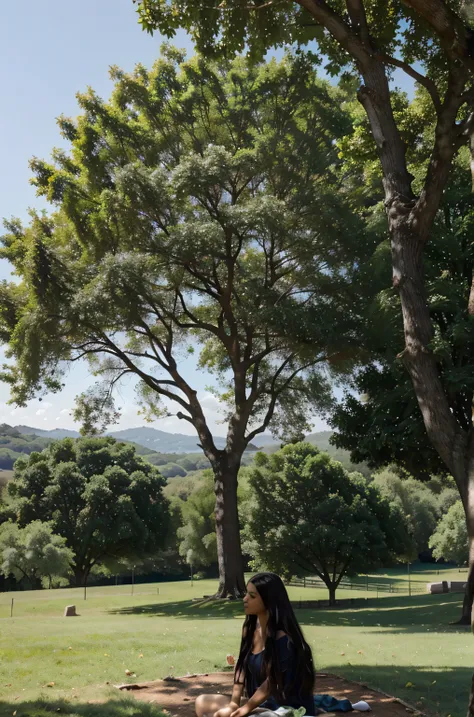 Leafy oak tree and a beautiful and heavenly landscape, con una gata negra peludisima 