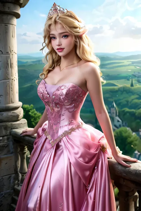 blond woman in pink dress posing on balcony with castle in background, beautiful princess, romance fantasy movies, beautiful elf...