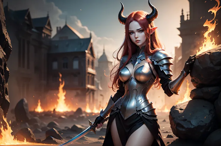 burning landscape with running lava there standing beatiful female hell knight, she have pale skin long red hair pair of long fl...