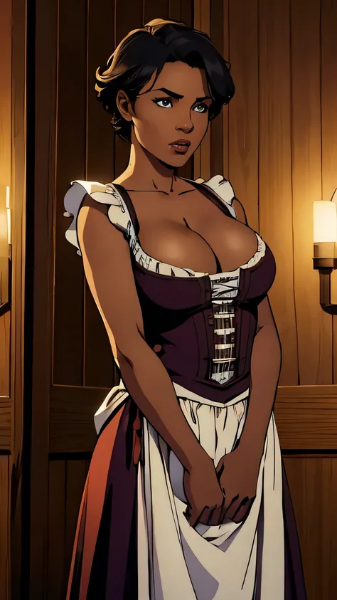 masterpiece, best quality, pixie hair ,dark skin, large breasts, cleavage, dirndl, cowboy shot, indoors