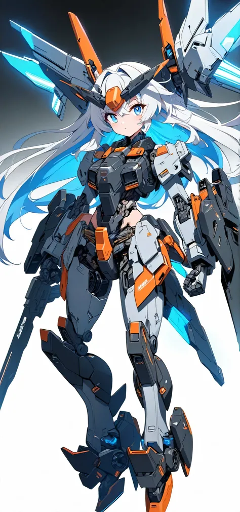 [(WHITE BACKGROUND:1.5)], (((masterpiece))), (whole body), 1girl, ((cyborg girl)), solo, white hair, long hair, Blue inner hair, Blue eyes, science fiction, (mecha musume:1.5), ((Assault type)), mechanical parts, orange headgear, mechanical wings and tails...