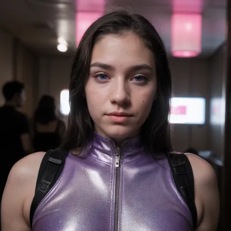 photo of a college student，16 years old, in purple pink, futuristic space suit, (freckles:0.8) cute face, sci-fi, dystopian, det...