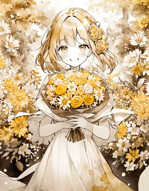 Monochrome, watercolor, High resolution, highest quality, highest quality, Paid reward available, High-quality illustrations, An unparalleled masterpiece, Perfect artwork, Absurd, One girl, Old-fashioned smile, Holding a golden bouquet in both hands, She i...