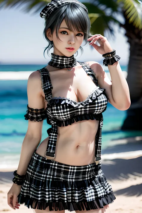 1girl, BREAK (black and white theme:1.4),  (sleeveless black and white [plaid pattern] sundress:1.4), (bare shoulders:1.3), (suspenders with frills:1.2), (tiered skirt with ruffles:1.3), (knit arm warmers:1.3),  , appealing cleavage,( beautiful tattoo:1.2)...