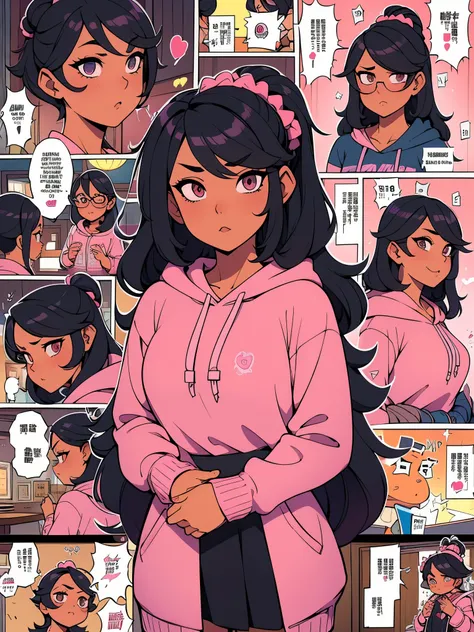 karakter komik perempuan genre slice of life, background ruang kelas, rambut hitam, hoodie hitam oversize, pegang lipcream di tangannya, centil, pake scrunchie pink di pergelangan tangan, pakai seragam sekolah putih abu abu