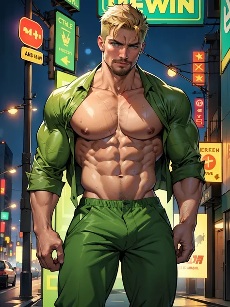 masterpiece, best quality, face, natural eyes, 1man, macho man,, muscled and mature, stephen amell as a green arrow wearing totally unbuttoned  pants, shirtless , showing nipples sweating, tight cloth showing his muscles and bulge , full body , background ...