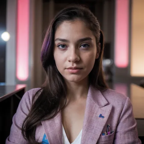 photo of a college student，9 years old, in Purple Pink, futuristic cotton and linen, (freckles:0.8) cute face, sci-fi, dystopian, detailed eyes, cobalt blue eyes（（High nose bridge））Disco bar