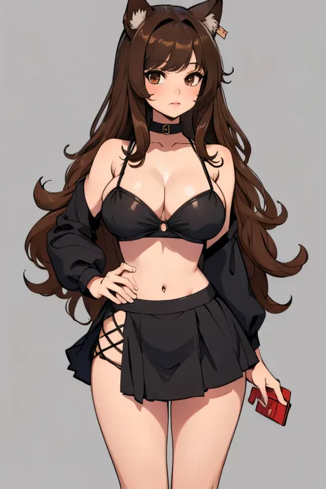 girl with large chest, long brown wavy hair, long bangs, brown eyes, full body, collar, cat ears, long brown wavy side bangs, wearing black bikini with mesh skirt