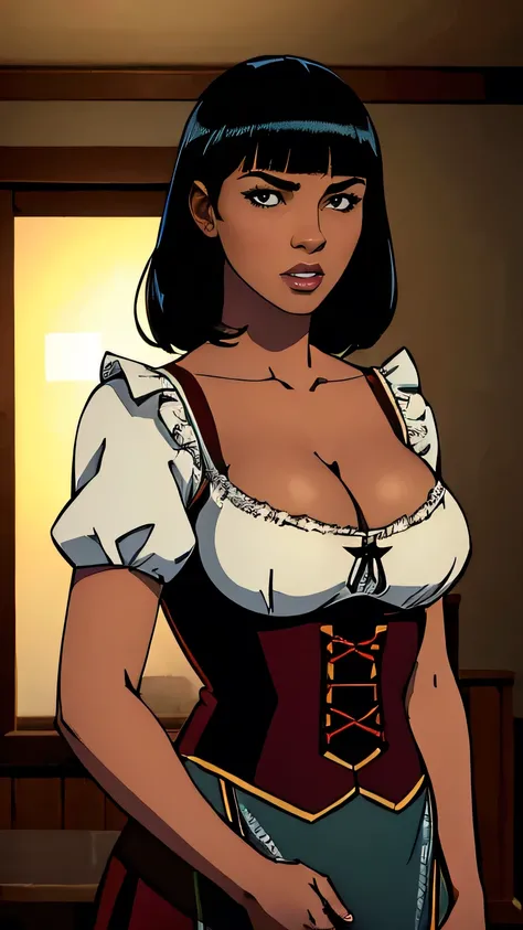 ((highest quality)), ((masterpiece)), (detailed), Perfect Face,bob hair ,blunt bangs,dark skin, large breasts, cleavage, dirndl, cowboy shot, indoors