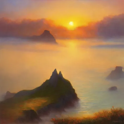 monet landscape painting，sunrise at sea，haystack，the fog rises，oil painting effect，impressionism