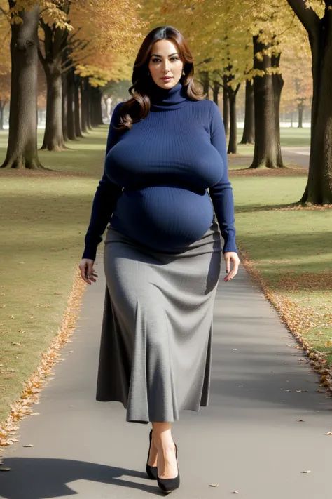 fine art portrait of a very elegant 30yo lady, voluptuous pregnant woman, walking in the park, highest quality, sexy face high resolution, Monica Bellucci 30yo woman, wearing a knitted turtleneck sweater, very long skirt, high heels, woman with (extremely ...