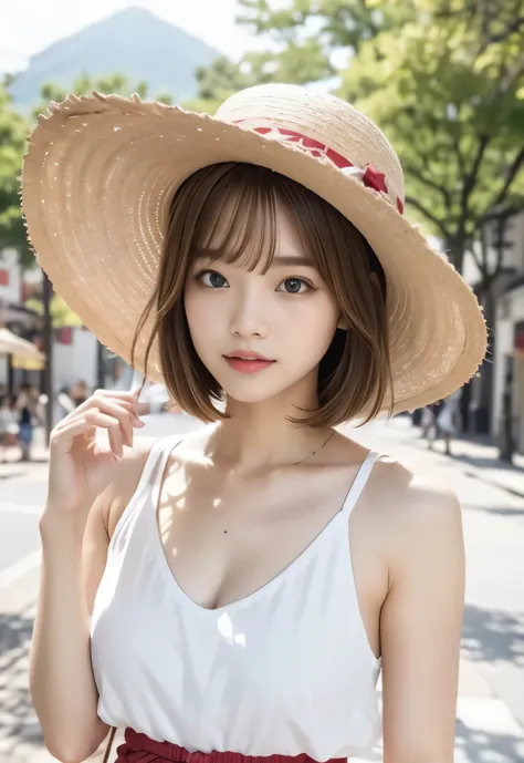 Blonde Hair:1.3, Straw hat:1.2, Medium Bob