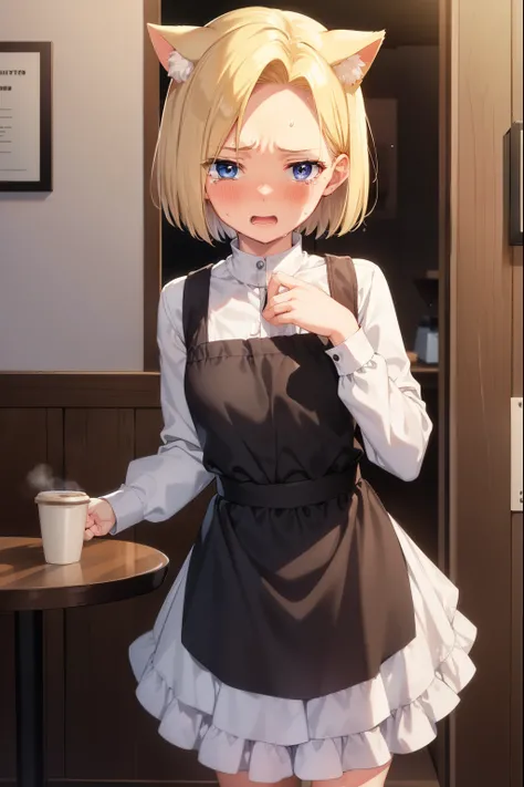 Android 18,Crying face,Embarrassing,shy,Sweat,Please open your mouth wide,blush,Maid clothes,Cat ear,coffee shop,blonde,short hair,Cat&#39;s Tail,tears,Embarrassed,