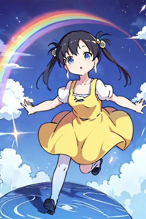 A GIRL IN A YELLOW DRESS RUNNING ON TOP OF A PENCIL, AT THE END OF THE PENCIL THERE IS A RAINBOW
(((Ghibli style))), Spirited Away, Howls Moving Castle, dreamy colour palette, 