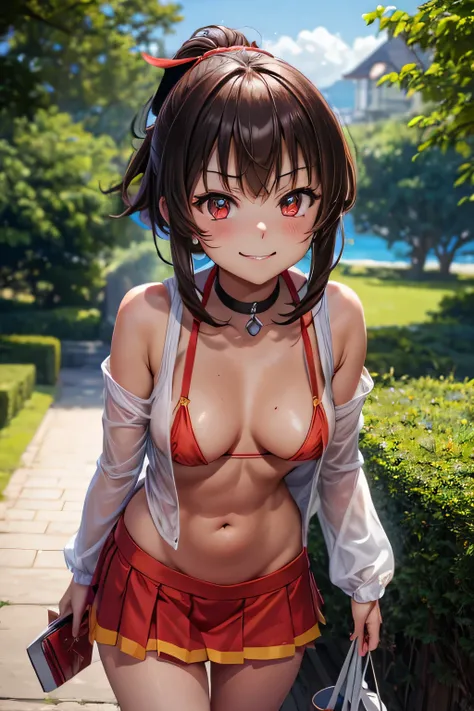 Girl, Megumin, Megumin from Konosuba, short hair, brown hair, sanpaku eyes, dark makeup, dark mascara 1.9,  best quality, assertive, , best quality, highly detailed, masterpiece,, choker,, ((from front), accidental exposure, smirk, , hands on back, highest...