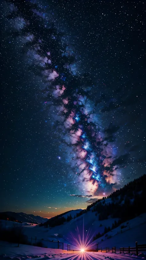 a colorful galaxy，clouds，sunset，snow，over the farm