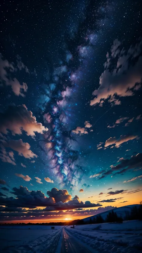 a colorful galaxy，clouds，sunset，snow，over the farm