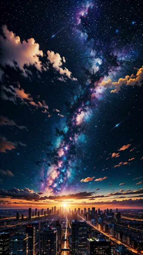 a colorful galaxy，over the city，clouds，sunset