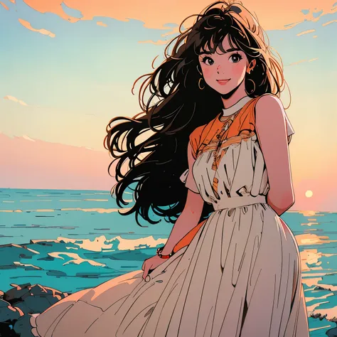 whole body, upper body、one beautiful woman, 4k, warm colors , white dress, seaside road, smile, complex background、sunset