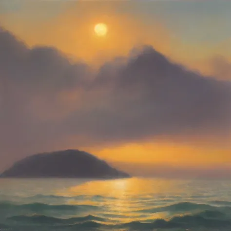 monet landscape painting，sunrise at sea，haystack，the fog rises，oil painting effect，impressionism