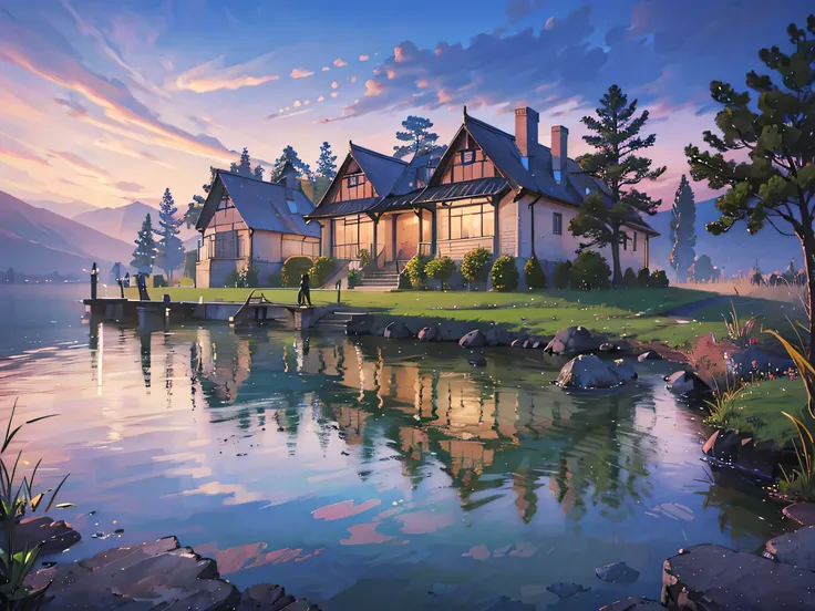 Abandoned house by the lake,landscape, water, (Highly detailed CG unit 8K wallpaper), The most beautiful works of art in the world, Majestic Oil Painting Professional, Complex, High detail, Sharp focus, Dramatic and realistic painting art