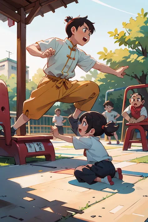 Many students practice Chinese Kung Fu together on the playground