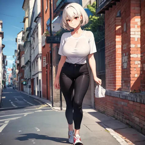 a woman wearing a casual beige shirt with kanji writing on the shirt, black jeans, casual sneakers, walking on a london promenad...