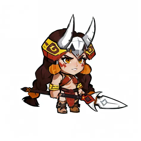 Cartoon image of a woman with a horned head and a sword, female dwarf warrior, barbarian warrior woman, Valkyrie style characters, female barbarian, portrait of a barbarian female, Red Cliff, north female warrior, barbarian, very beautiful female barbarian...