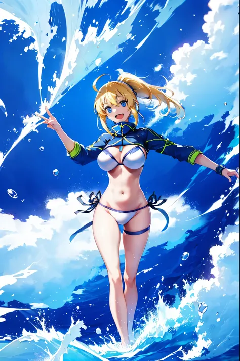 masterpiece,(ultra-detailed),1girl, mysterious heroine xx (fate), half_eyes,smile,open mouth, swimsuit, white bikini, side-tie bikini bottom, shrug (clothing), jacket,  thigh strap, wristband,  large_breasts, ocean, splashing,blonde_ponytail,open_legs,cap,...