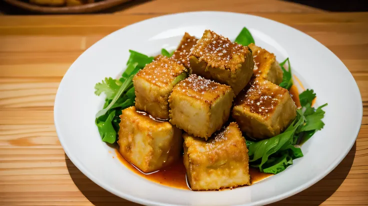 Fried stinky tofu with kimchi，photography，gourmet food，Realism