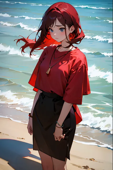 girl with red necklace on a beach
