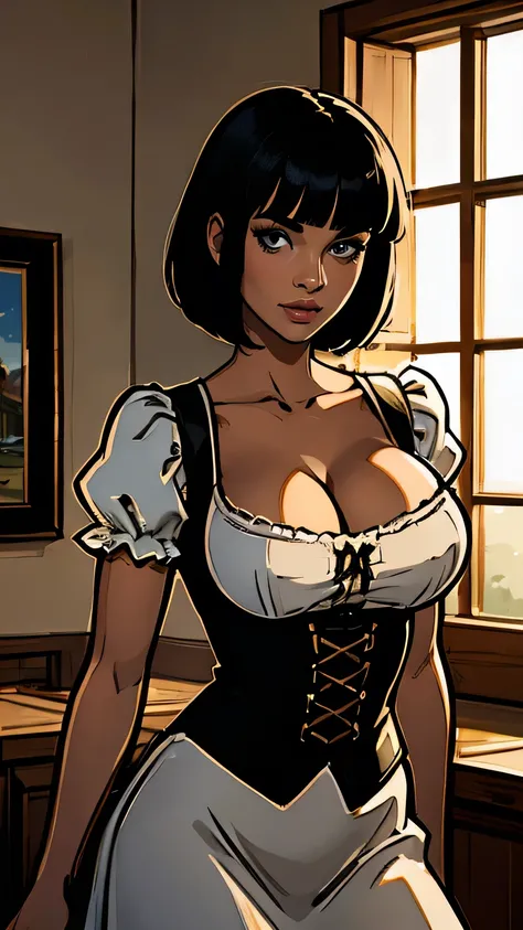 ((highest quality)), ((masterpiece)), (detailed), Perfect Face,bob hair ,blunt bangs,dark skin, large breasts, cleavage, dirndl, cowboy shot, indoors