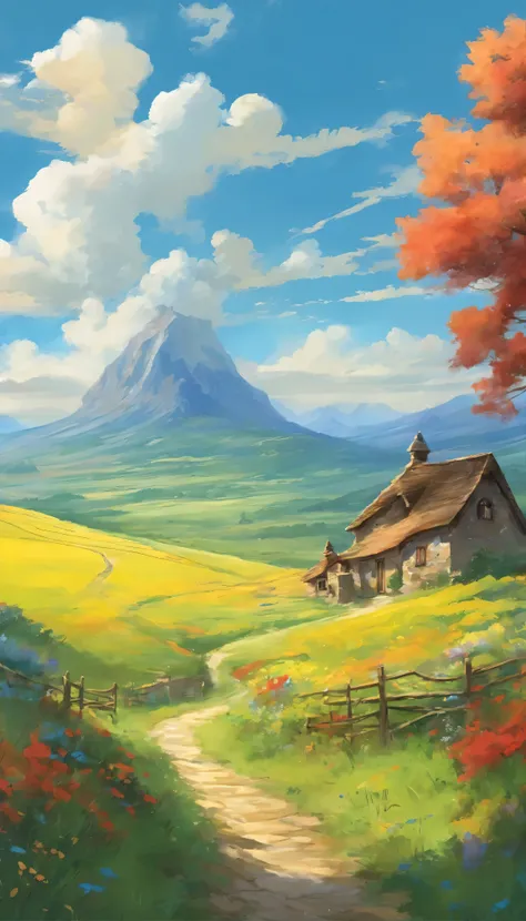 In the heart of a tranquil countryside、A breathtaking oil painting emerges。The stage is Studio Ghibli、Set by the masterful hand of Hayao Miyazaki。A realistic depiction of the vast grasslands beneath a clear blue sky、beautifully、It&#39;s a beautifully drawn...