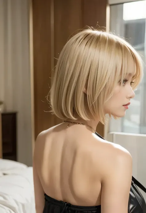 Back view:1.3, Blonde:1.2, Medium Bob