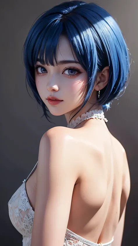 Masterpiece, Best Quality, 8K, Detailed Skin Texture, Detailed Cloth Texture, Beautiful Detail Face, Intricate Detail, Ultra Detailed, Portrait of Rei Ayanami, Blue Hair, Red Eyes, Looking Back, No Background
