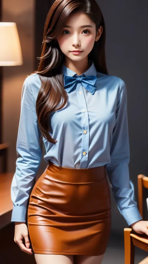 highest quality, Tabletop, Beautiful mature woman、Beautiful Face、Faint-hearted woman、Office Suits、Tight mini skirt、Brown haired、Brown eyes、Long Hair、Small eyes、Looks like a whole body、Plump body