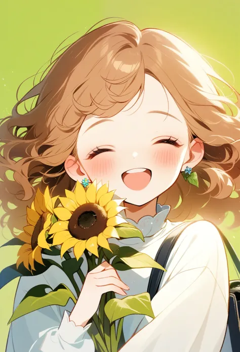 1girl, solo, blush, smile, open_mouth, simple_background, brown_hair, shirt, long_sleeves, dress, holding, jewelry, closed_eyes, white_shirt, upper_body, flower, earrings, teeth, puffy_sleeves, bag, leaf, facing_viewer, puffy_long_sleeves, green_background...