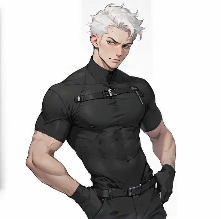 1 man, Detailed face，White hair,White skin ,  Short black sleeves，Abdominal muscles，Chest muscles，Business suit,, Pants