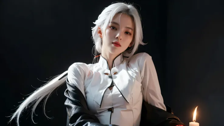 Genshin arlecchino, long white hair, wearing black seethrough lineries and white jacket, fire in background , look at viewer
