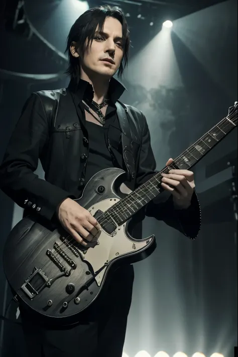 hard gothic band style、peter murphy、bauhaus、electric guitar、play the guitar、gothic、male、dark world、black metal world、black suit、...