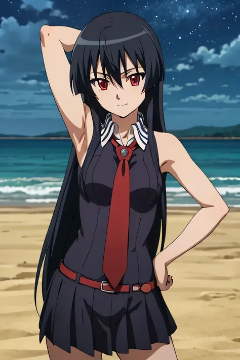 solo, 1girl, looking at viewer, 2D, anime, anime coloring, best quality, (cowboy shot:1.5), akame, necktie, sleeveless, looking at viewer, closed mouth, small smile, solo, night sky, beach, arm behind head, hand on hip, contrapposto, spread armpits,