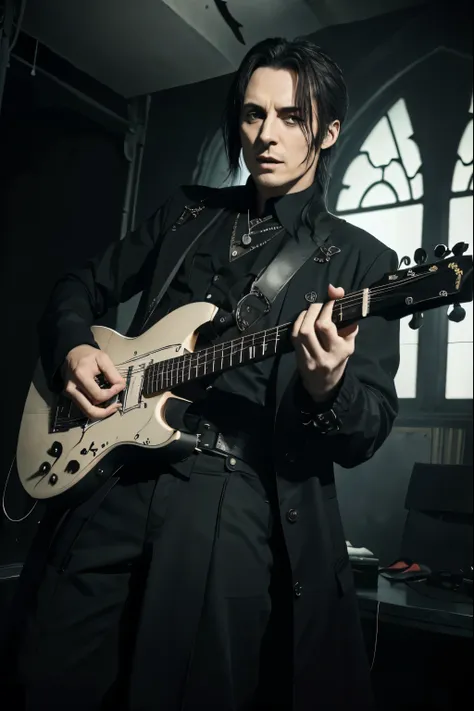 hard gothic band style、peter murphy、bauhaus、electric guitar、play the guitar、gothic、male、dark world、black metal world、black suit、...