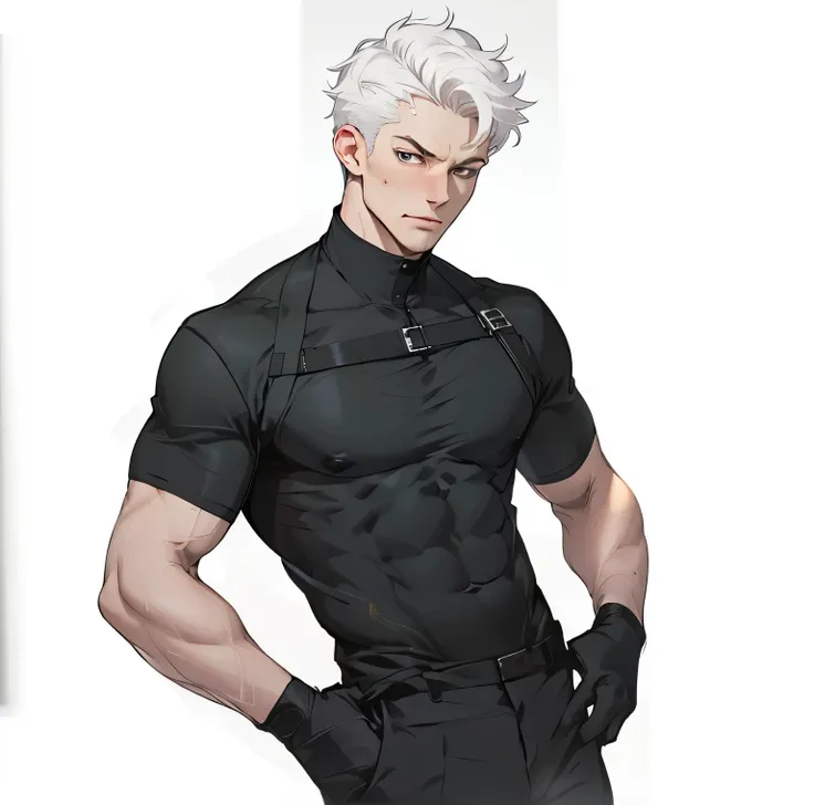 1 man, Detailed face,White hair,White skin , Short black sleeves,Abdominal muscles,Chest muscles,Business suit,, Pants
