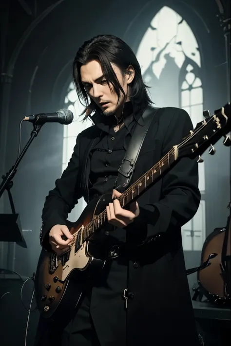 hard gothic band style、peter murphy、bauhaus、electric guitar、play the guitar、gothic、male、dark world、black metal world、black suit、...