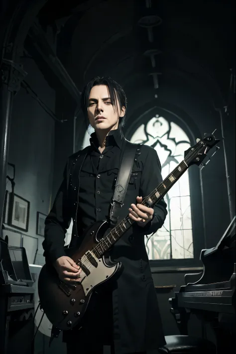 hard gothic band style、peter murphy、bauhaus、electric guitar、play the guitar、gothic、male、dark world、black metal world、black suit、...