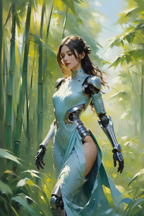 bamboo forest, impressionist style, nature, a beautiful robot girl, with mechanical body, in the middle of the forest, green, lo...