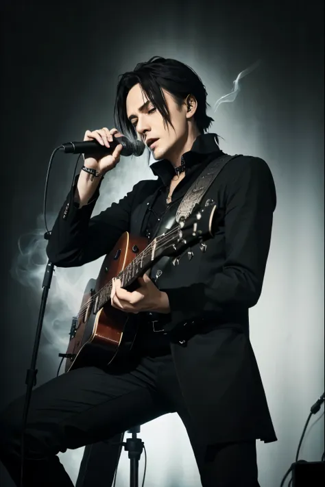 hard gothic band style、peter murphy、bauhaus、electric guitar、play the guitar、gothic、male、dark world、black metal world、black suit、...