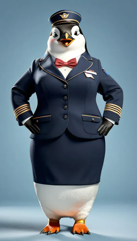 photorealistic portrait of Dressed animals - a ((fat)) penguin Flight attendant,(elegant pose),(happy smile),(), high quality,(lovely) ,intricate details, highly detailed (Flight attendant uniform), earrings,,, (happy), studio lighting,(full body image:2.0...